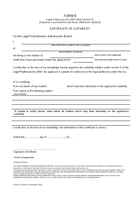 Form 8 Certificate of Suitability - Queensland, Australia