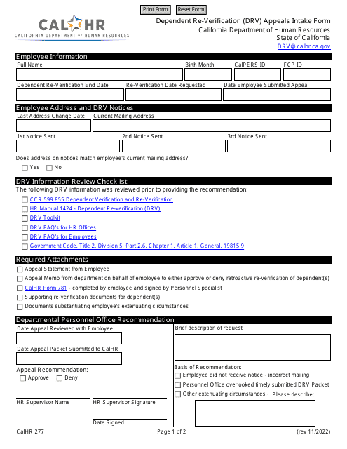 Form CALHR277 Dependent Re-verification (Drv) Appeals Intake Form - California