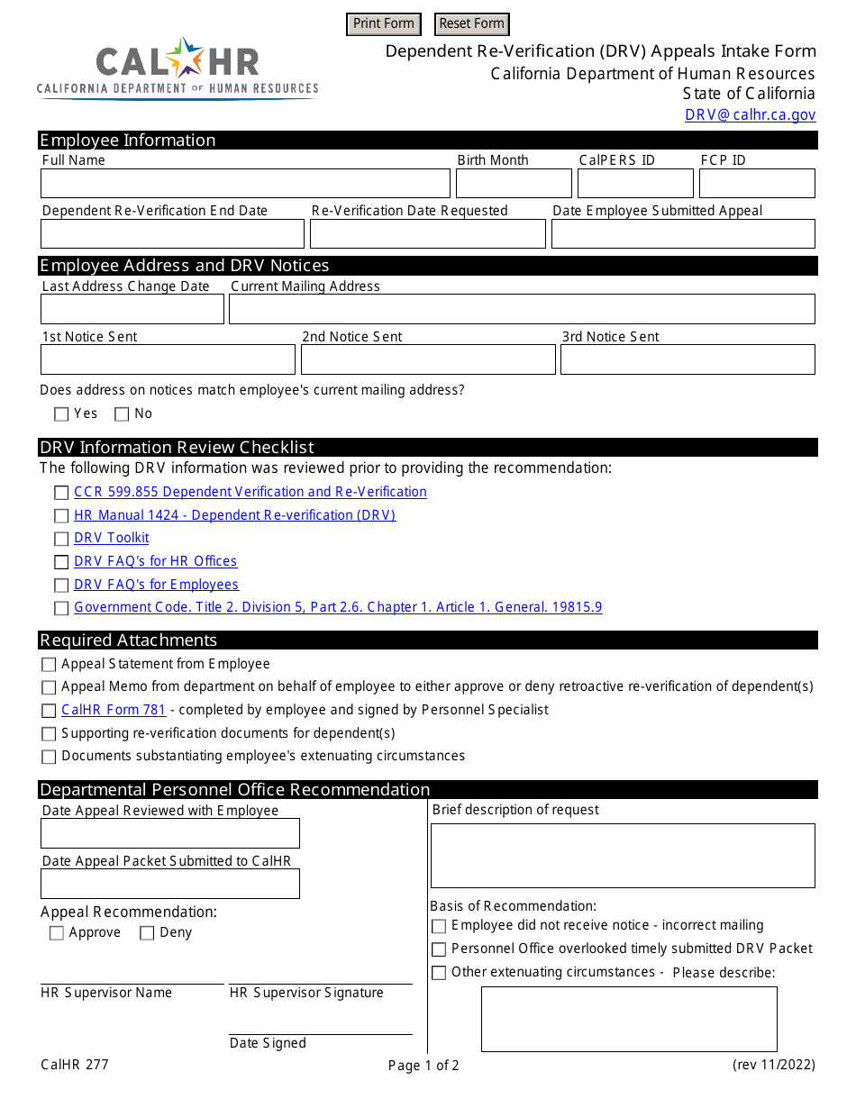 Form CALHR277 Dependent Re-verification (Drv) Appeals Intake Form - California, Page 1