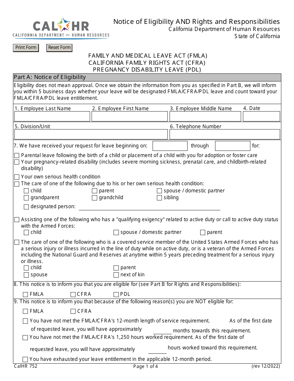 Form CALHR752 Notice of Eligibility and Rights and Responsibilities - California, Page 1