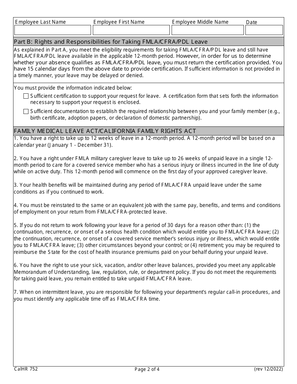 Form CALHR752 Notice of Eligibility and Rights and Responsibilities - California, Page 2
