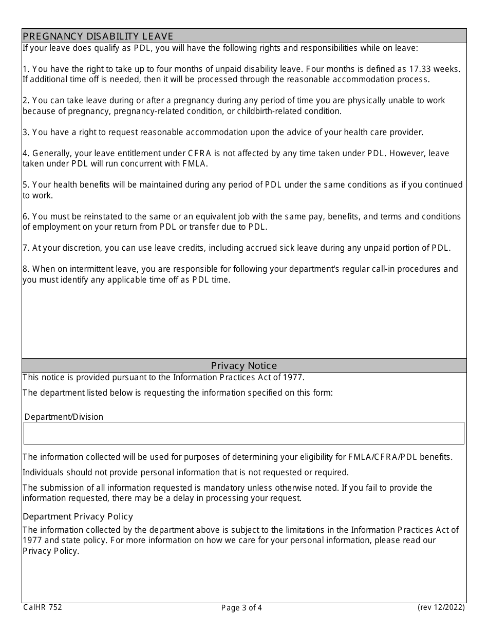Form CALHR752 Notice of Eligibility and Rights and Responsibilities - California, Page 3