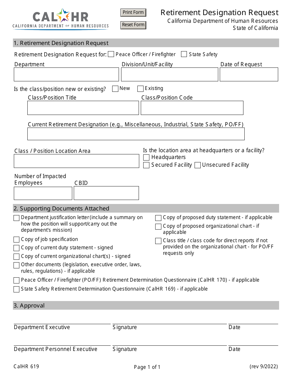 Form CALHR619 Retirement Designation Request - California, Page 1