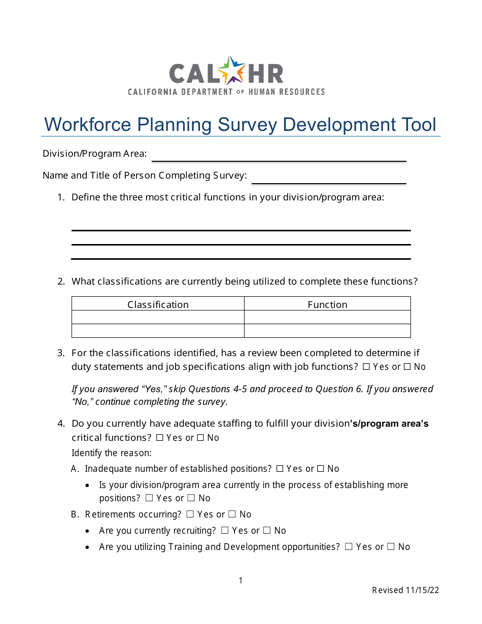 Workforce Planning Survey Development Tool - California, Page 1