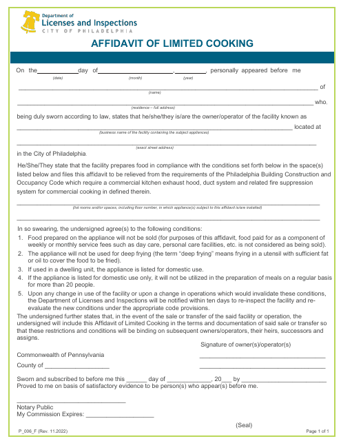 Form P_006_F Affidavit of Limited Cooking - City of Philadelphia, Pennsylvania