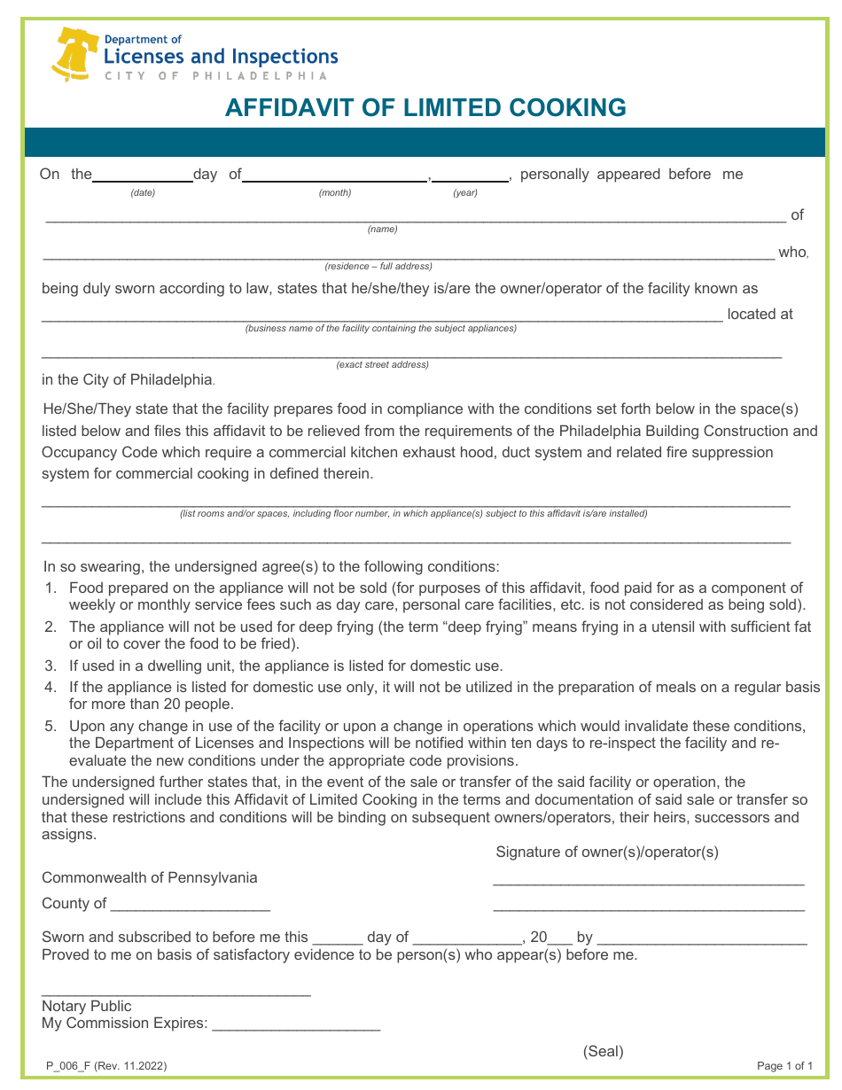 Form P_006_F Affidavit of Limited Cooking - City of Philadelphia, Pennsylvania, Page 1