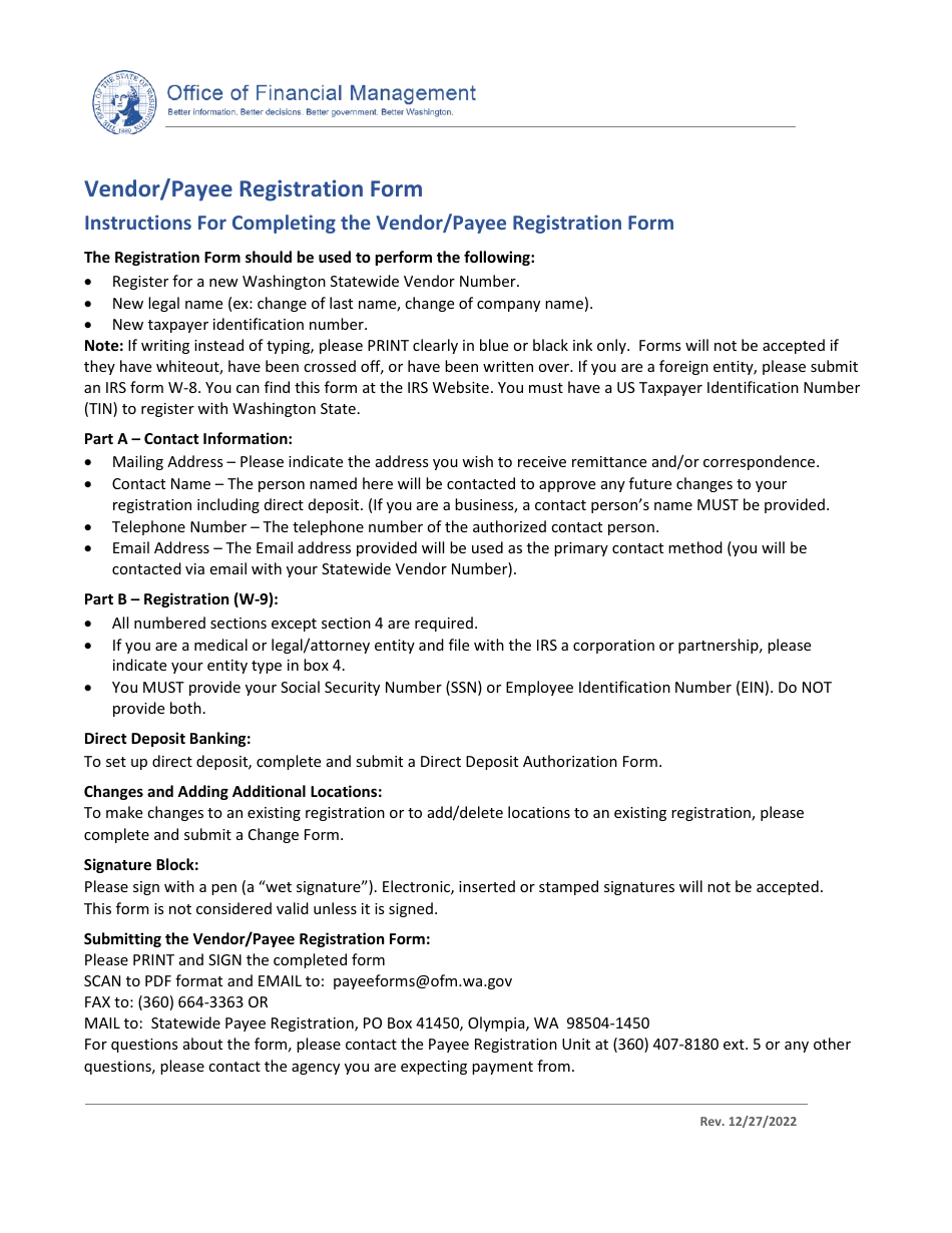 Vendor / Payee Registration Form - Washington, Page 1