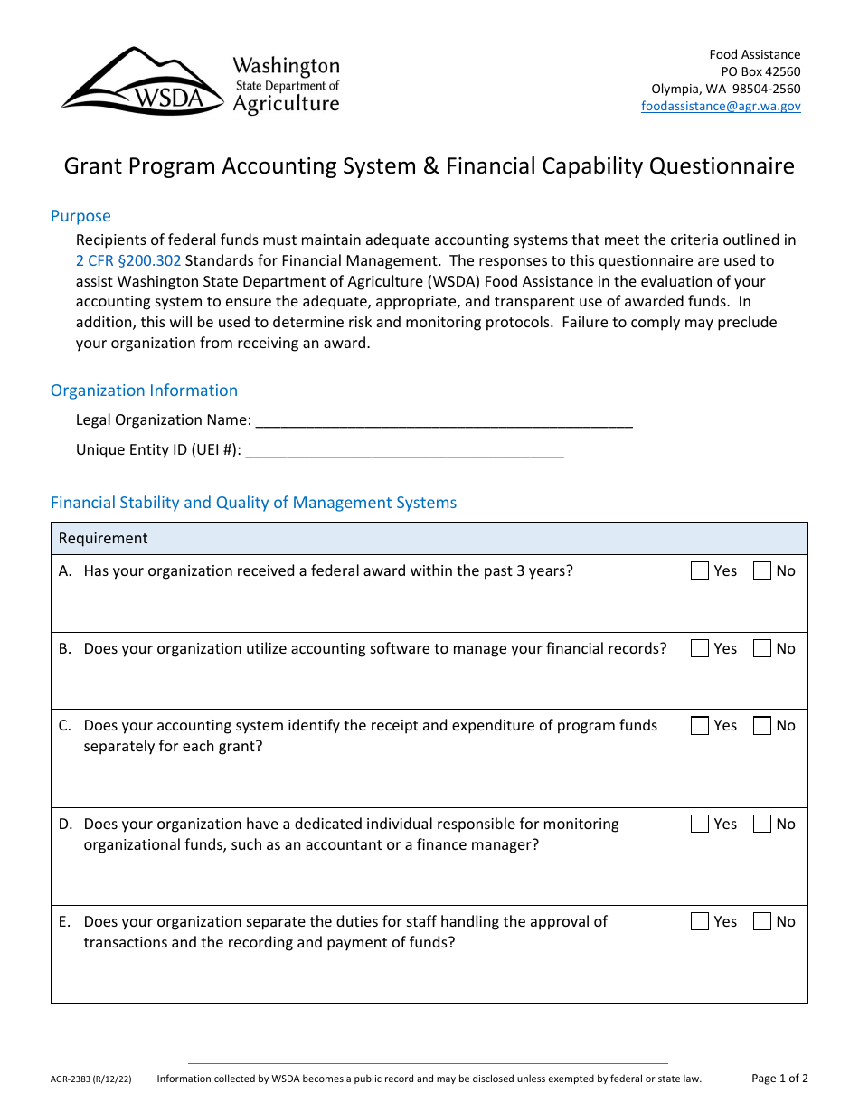 Form AGR-2383 Grant Program Accounting System  Financial Capability Questionnaire - Washington, Page 1