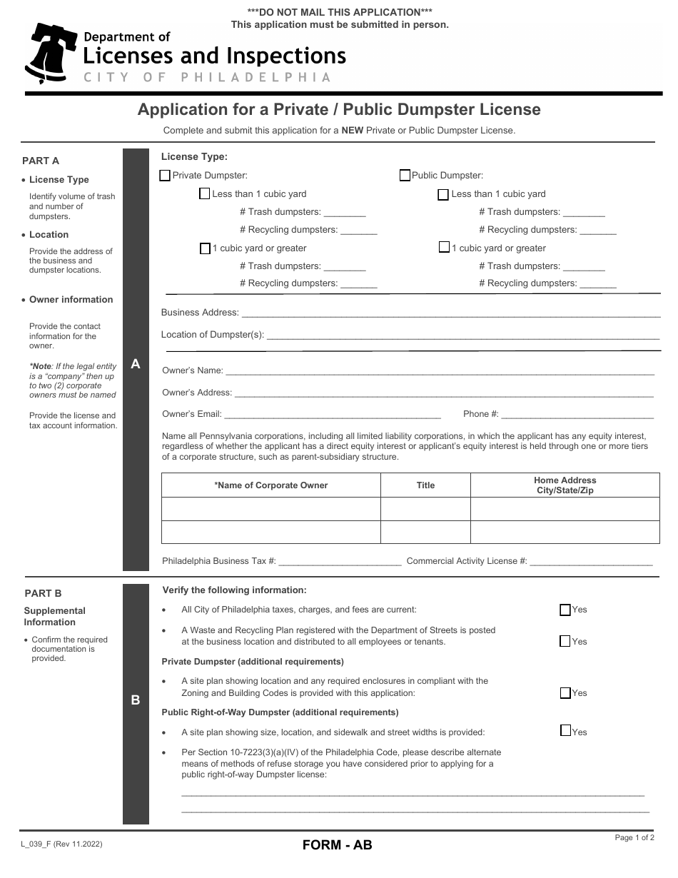 Form AB (L_039_F) Application for a Private / Public Dumpster License - City of Philadelphia, Pennsylvania, Page 1