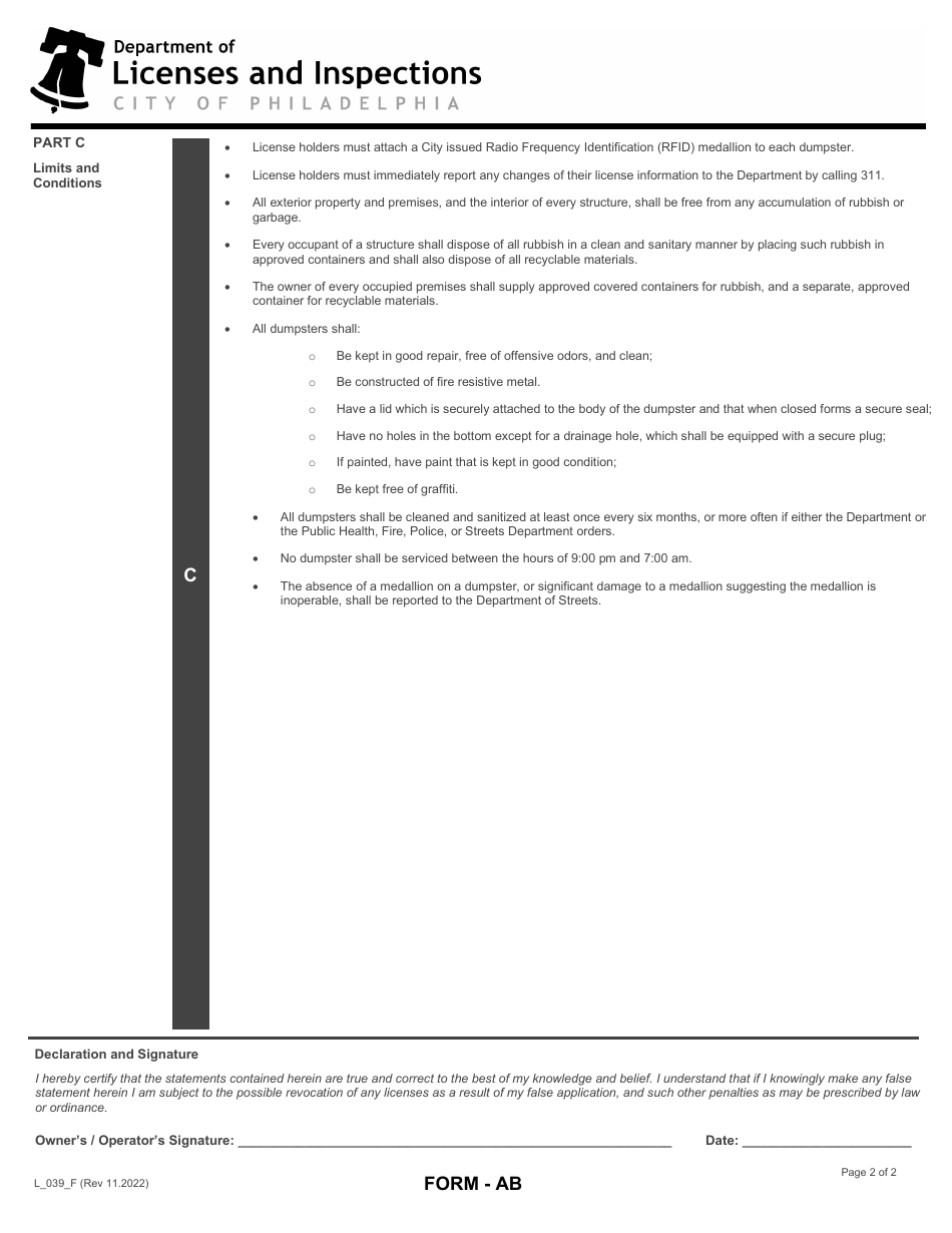 Form AB (L_039_F) Application for a Private / Public Dumpster License - City of Philadelphia, Pennsylvania, Page 2