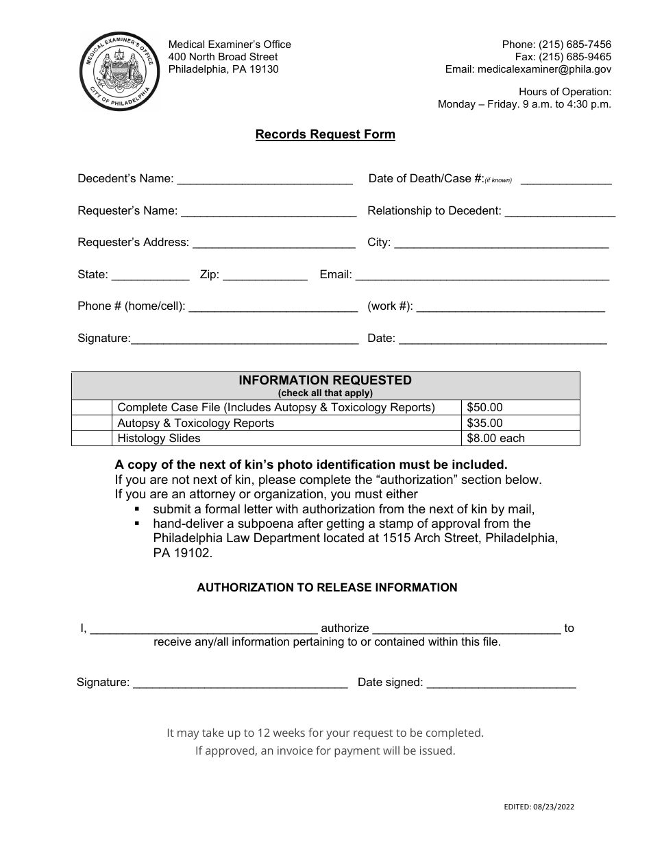Records Request Form - City of Philadelphia, Pennsylvania, Page 1