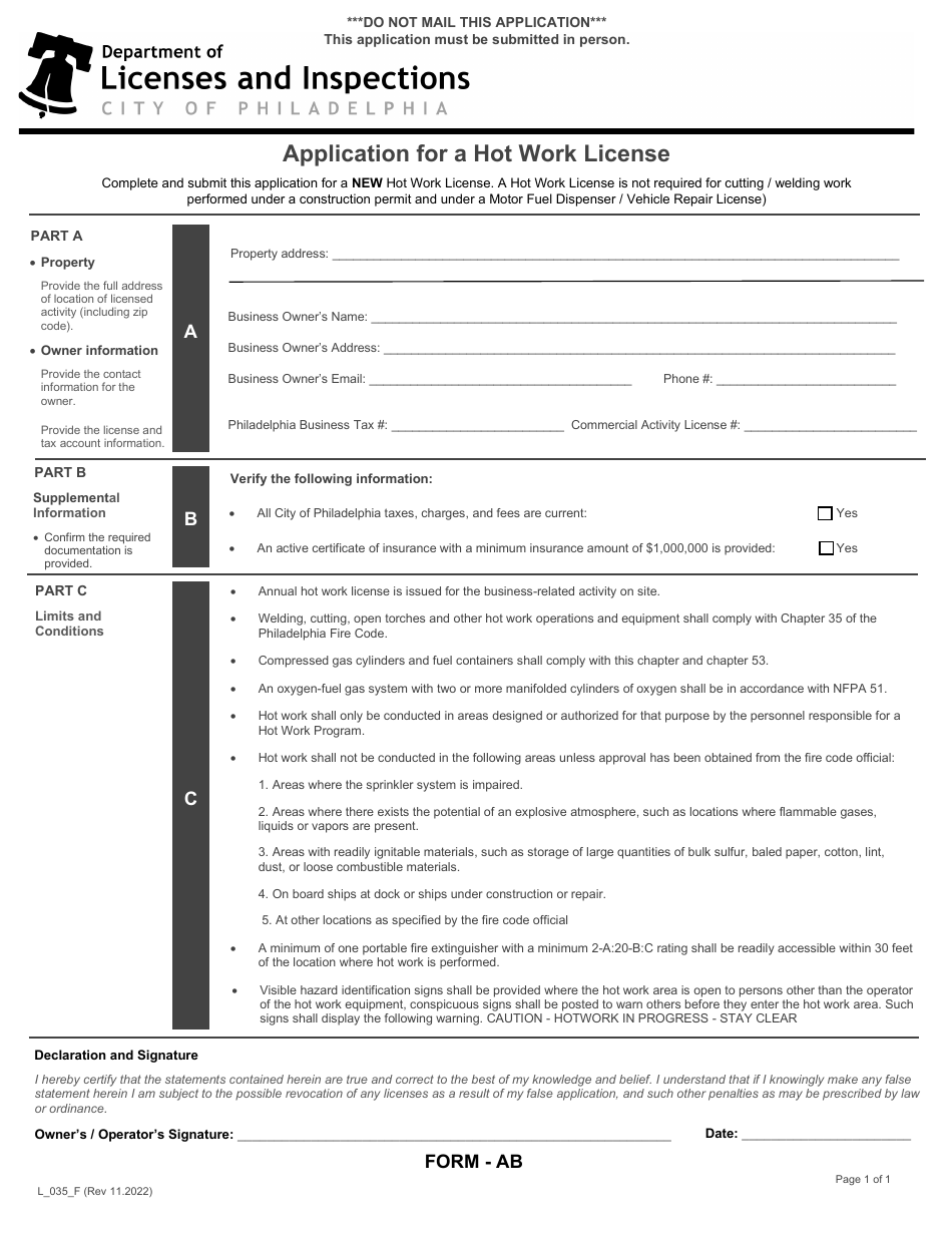 Form AB (L_035_F) Application for a Hot Work License - City of Philadelphia, Pennsylvania, Page 1