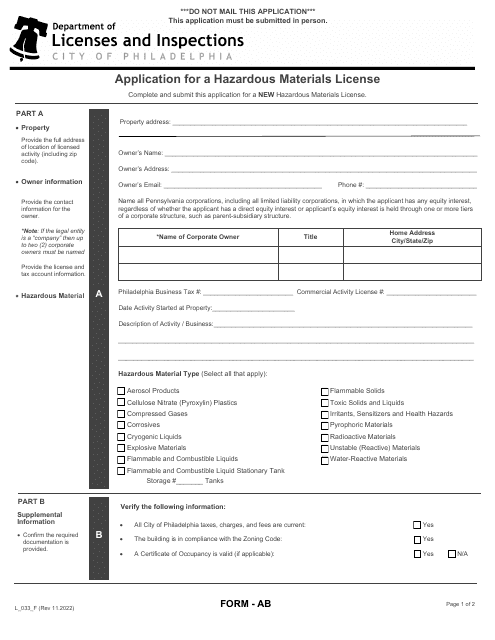 Form AB (L_033_F) Application for a Hazardous Materials License - City of Philadelphia, Pennsylvania