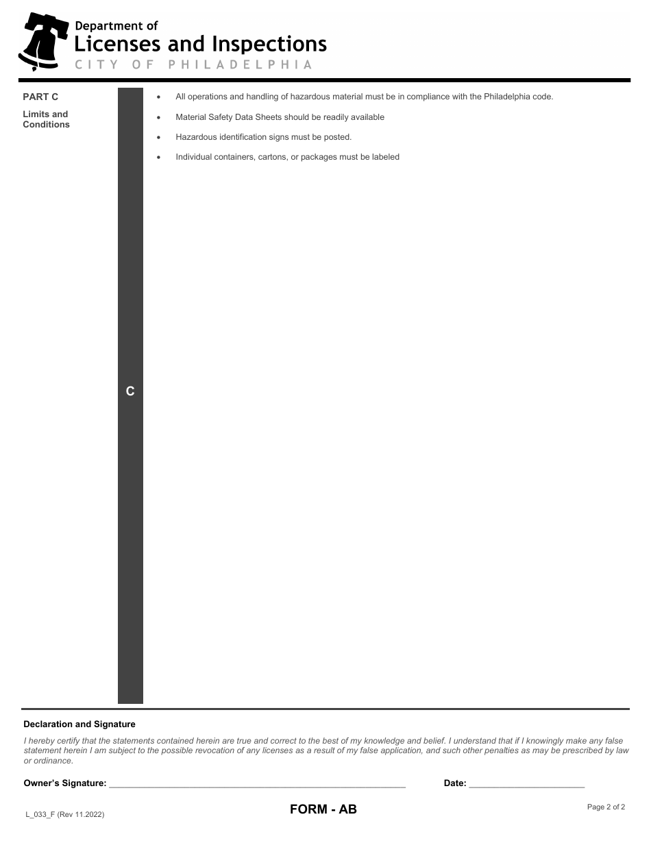 Form AB (L_033_F) Application for a Hazardous Materials License - City of Philadelphia, Pennsylvania, Page 2