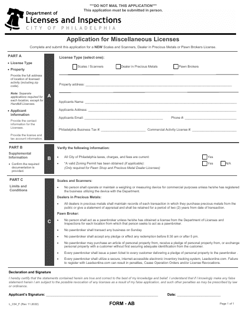 Form AB (L_034_F) Application for Miscellaneous Licenses - City of Philadelphia, Pennsylvania