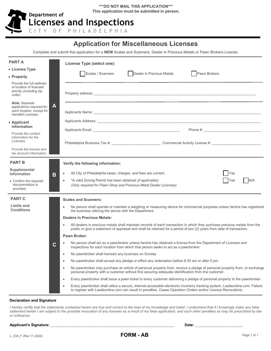 Form AB (L_034_F) Application for Miscellaneous Licenses - City of Philadelphia, Pennsylvania, Page 1