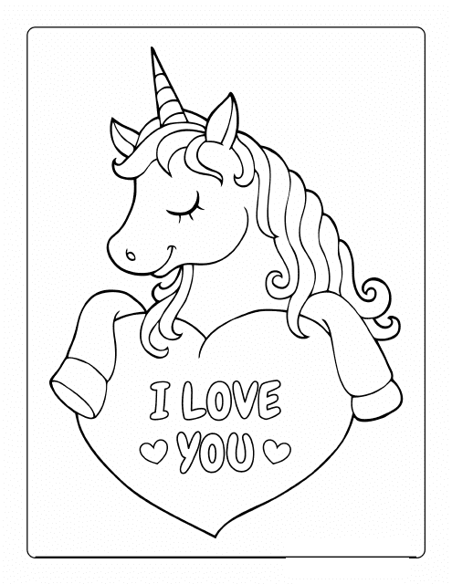 Valentine's Coloring Page - Unicorn and Heart