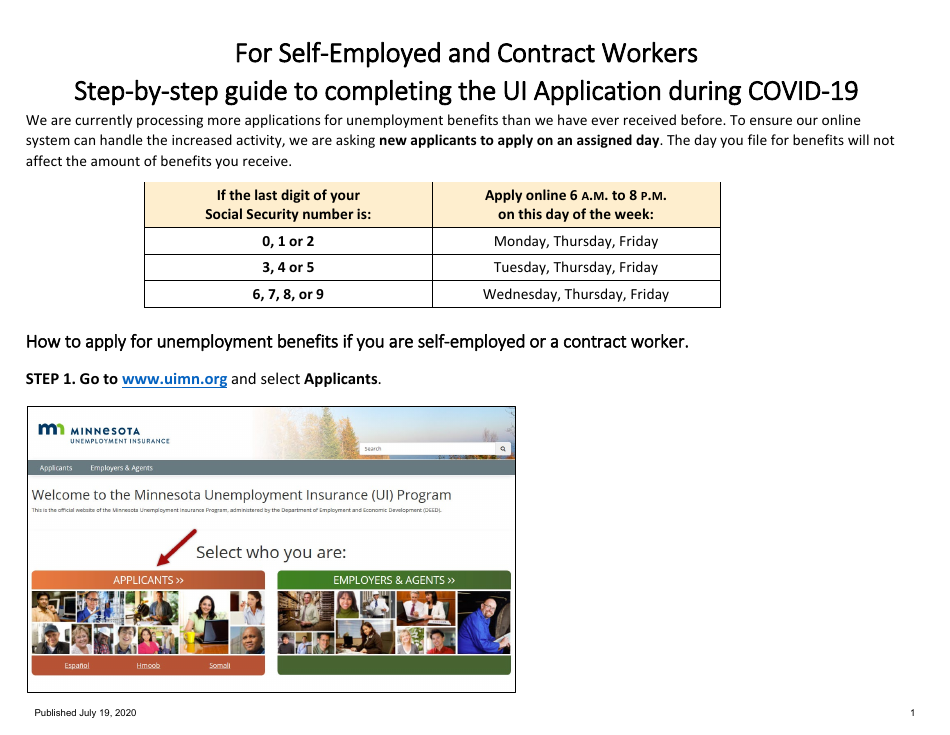 For Self-employed and Contract Workers Step-By-Step Guide to Completing the Ui Application During Covid-19 - Minnesota, Page 1