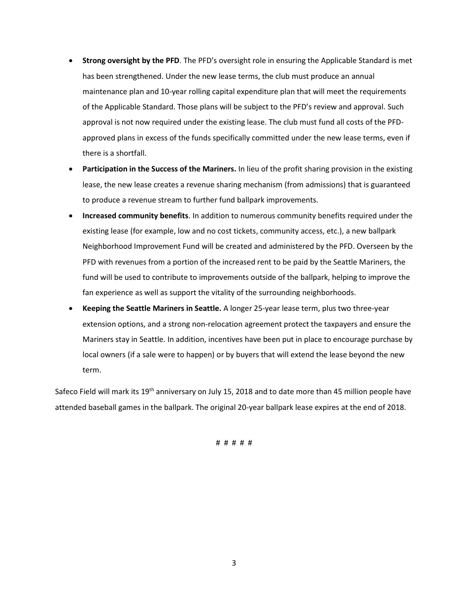 Washington State Major League Baseball Stadium Public Facilities District Approves New 25-year Lease Terms for Safeco Field, Page 3