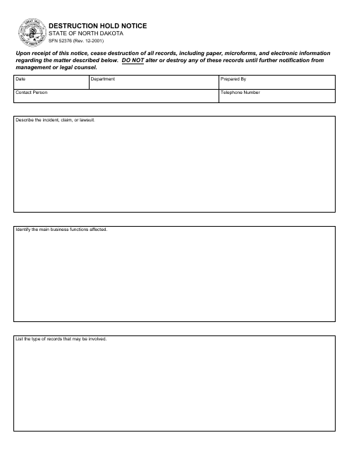 Form SFN52376 Destruction Hold Notice - North Dakota