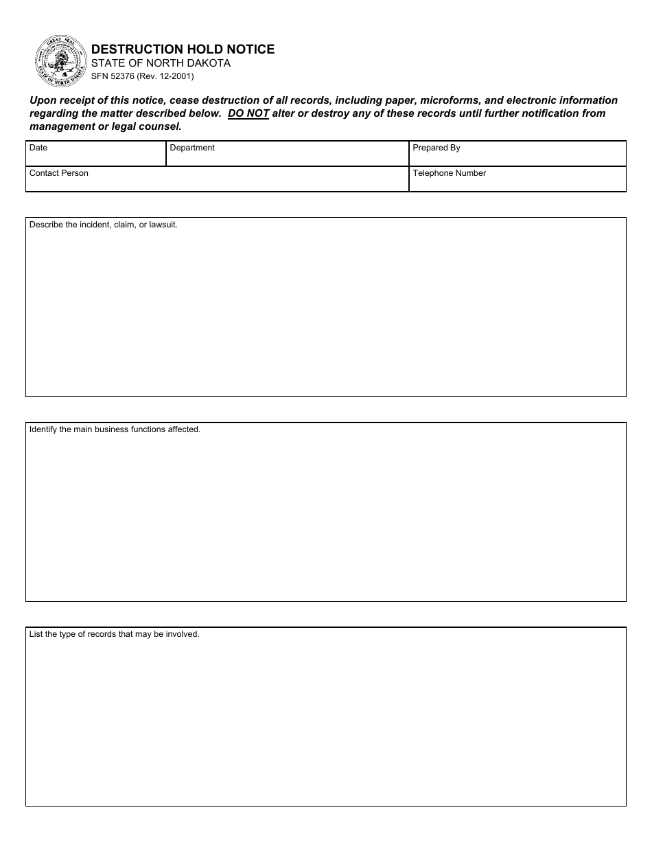 Form SFN52376 Destruction Hold Notice - North Dakota, Page 1