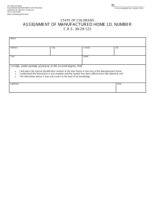 Form DR2503 Assignment of Manufactured Home I.d. Number - Colorado