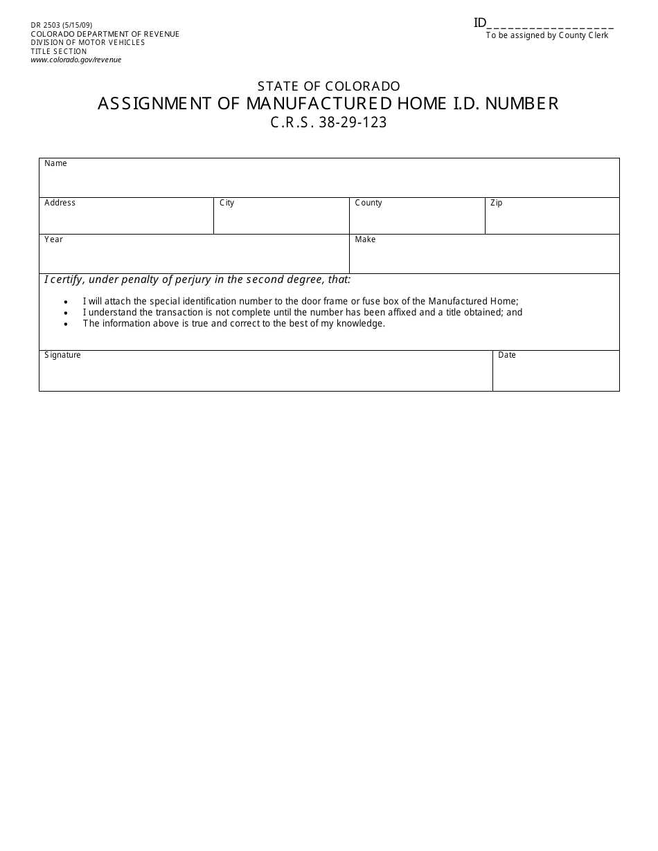 Form DR2503 Assignment of Manufactured Home I.d. Number - Colorado, Page 1