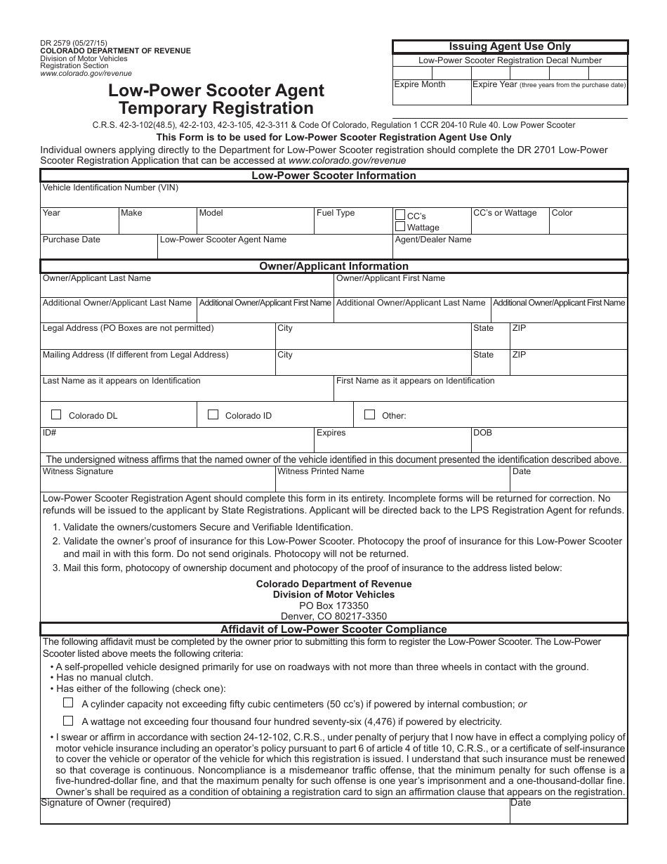 Form DR2579 Low-Power Scooter Agent Temporary Registration - Colorado, Page 1