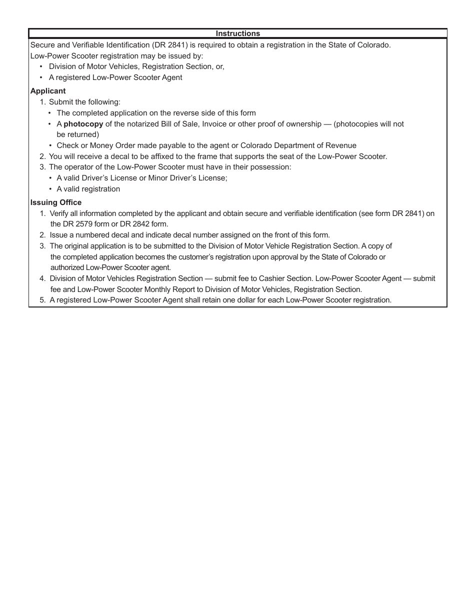 Form DR2579 Low-Power Scooter Agent Temporary Registration - Colorado, Page 2