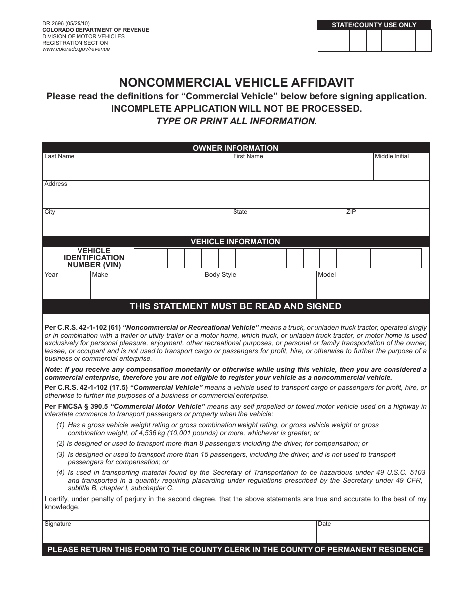 Form DR2696 Noncommercial Vehicle Affidavit - Colorado, Page 1
