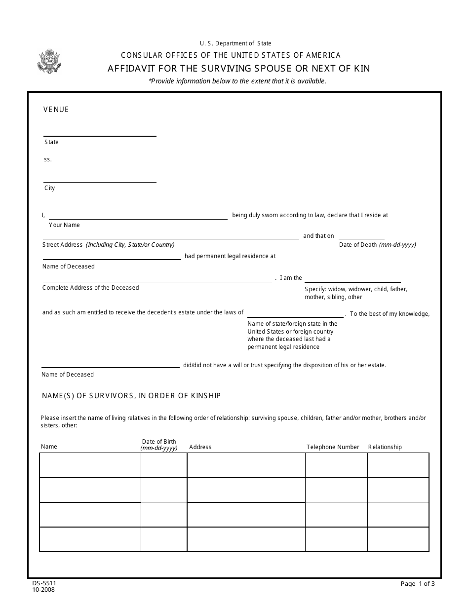 Form DS-5511 Affidavit for the Surviving Spouse or Next of Kin, Page 1