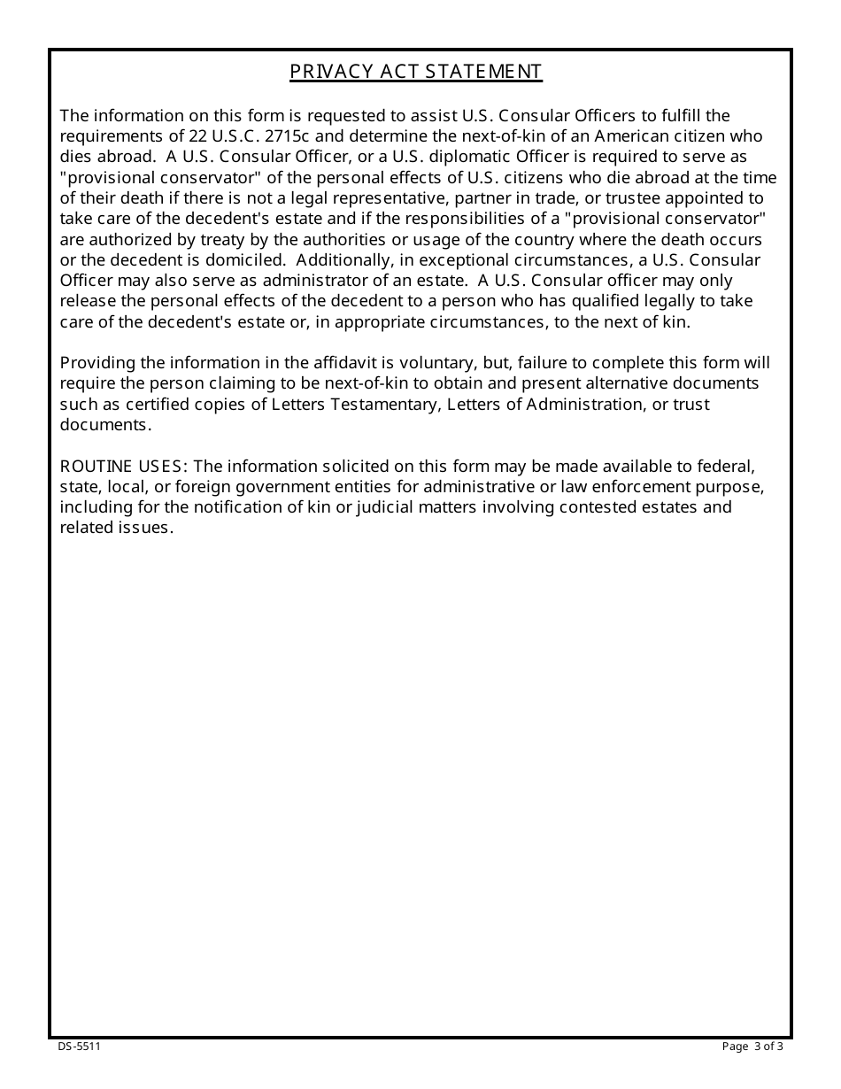 Form DS-5511 Affidavit for the Surviving Spouse or Next of Kin, Page 3