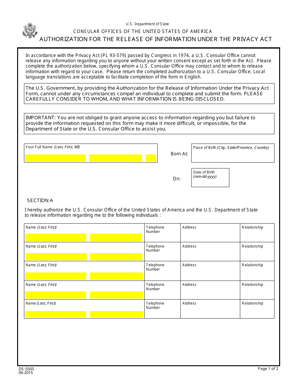 Form DS-5505 Authorization for the Release of Information Under the Privacy Act, Page 1