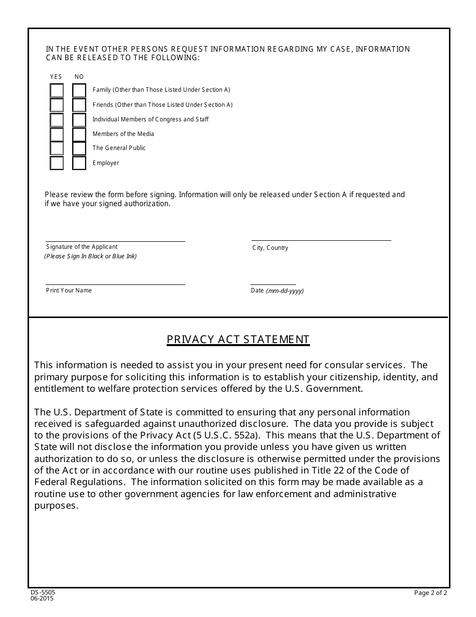 Form DS-5505 Authorization for the Release of Information Under the Privacy Act, Page 2
