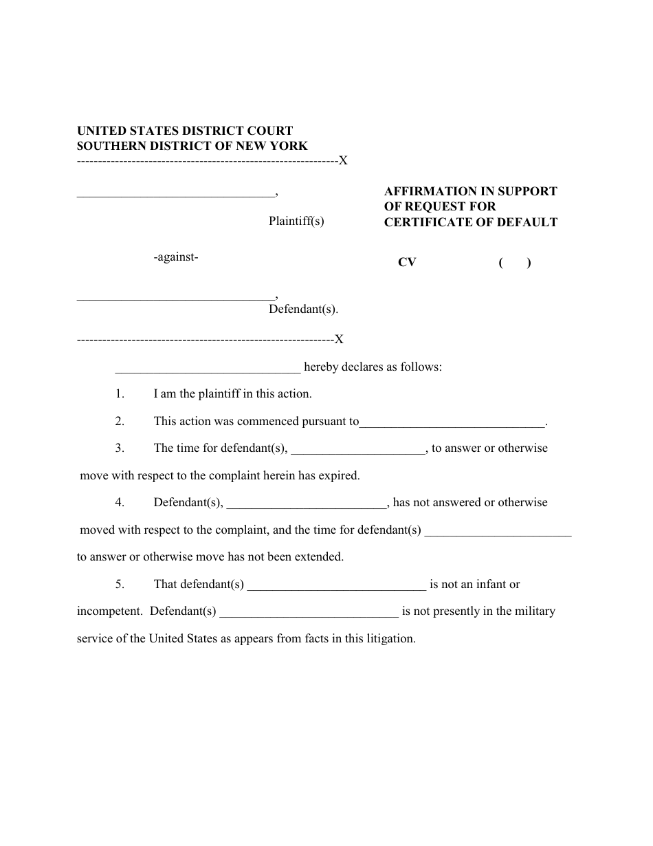 Affirmation in Support of Request for Certificate of Default - New York, Page 1