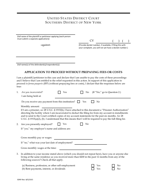 Application to Proceed Without Prepaying Fees or Costs - New York Download Pdf