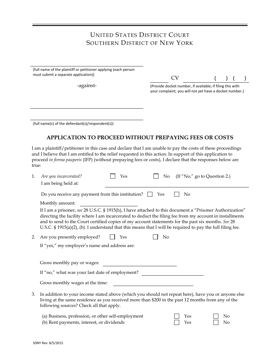 Application to Proceed Without Prepaying Fees or Costs - New York, Page 1