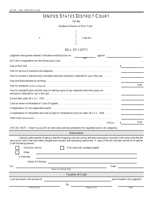 Form AO133 Bill of Costs - New York