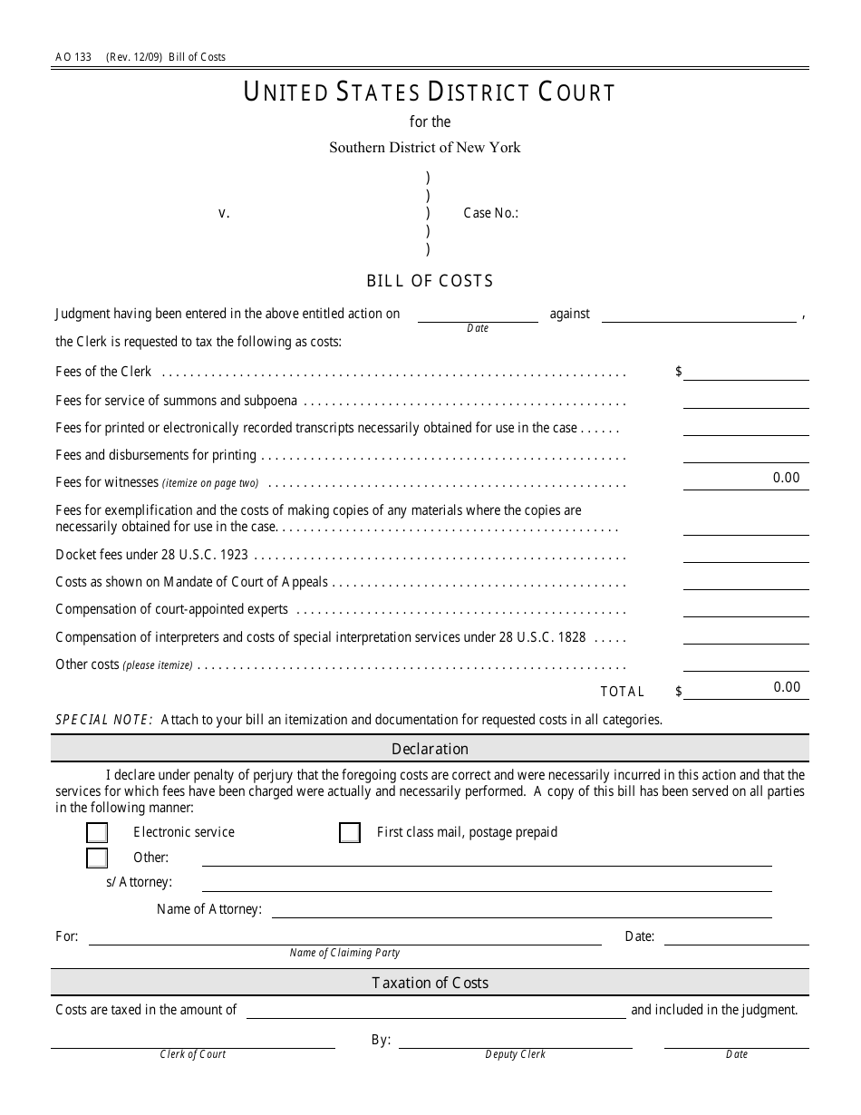 Form AO133 Bill of Costs - New York, Page 1