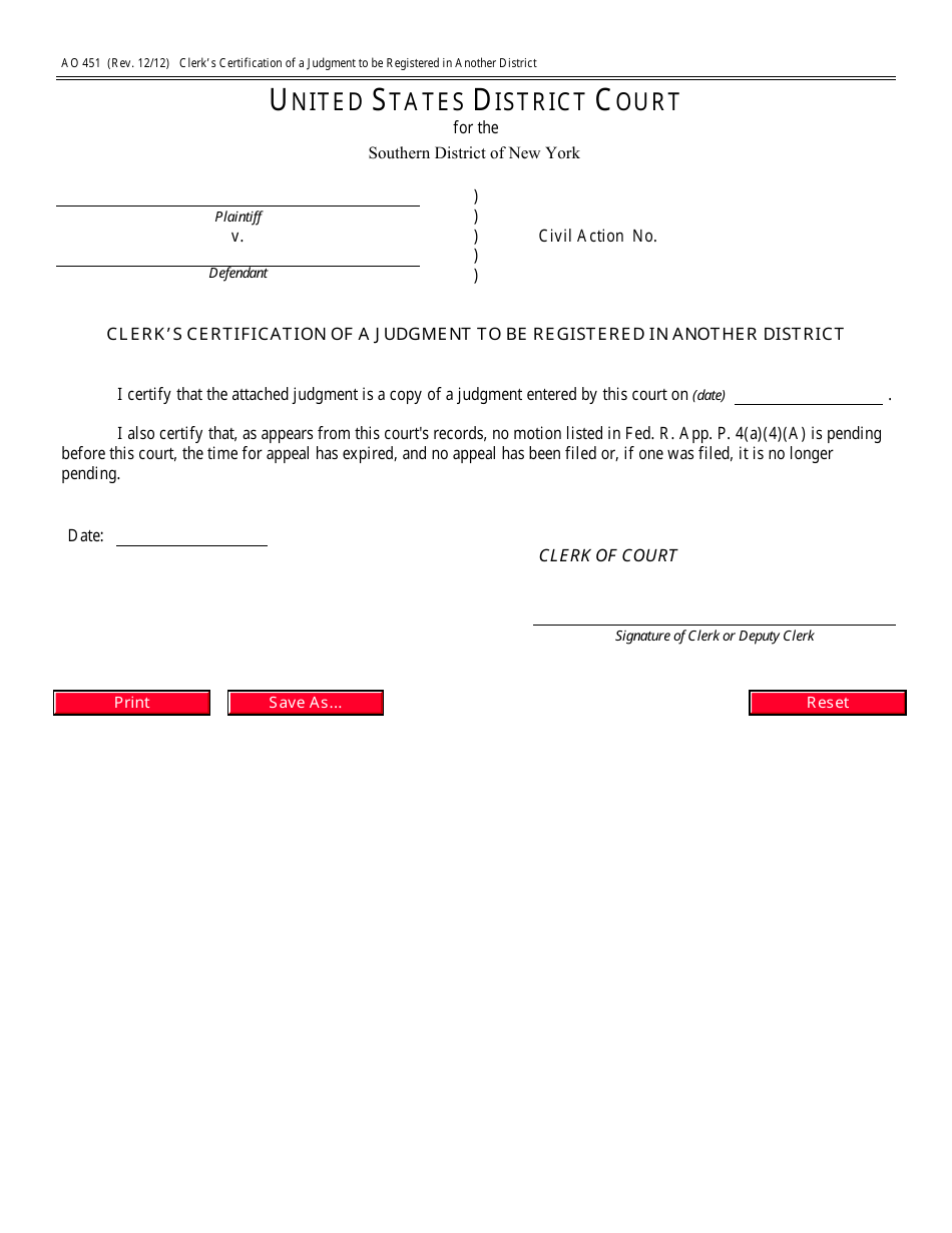 Form AO451 Clerks Certification of a Judgment to Be Registered in Another District - New York, Page 1