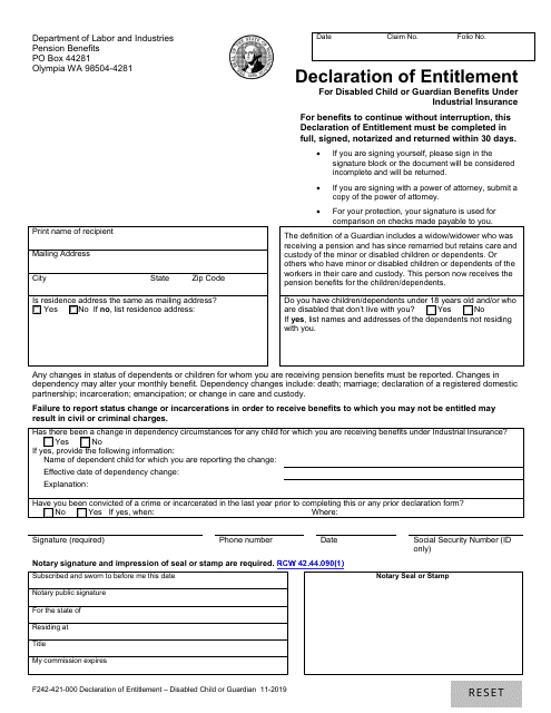 Form F242-421-000 Declaration of Entitlement for Disabled Child or Guardian Benefits Under Industrial Insurance - Washington