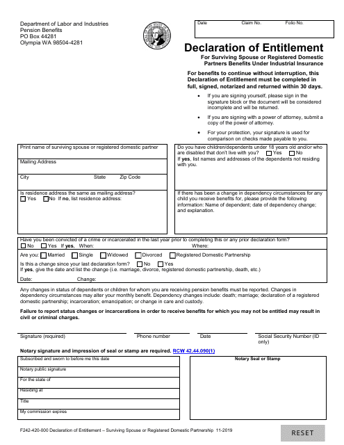 Form F242-420-000 Declaration of Entitlement for Surviving Spouse or Registered Domestic Partners Benefits Under Industrial Insurance - Washington