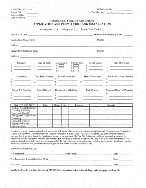 Form HFD-FPB-100 Application and Permit for Tank Installation - City and County of Honolulu, Hawaii