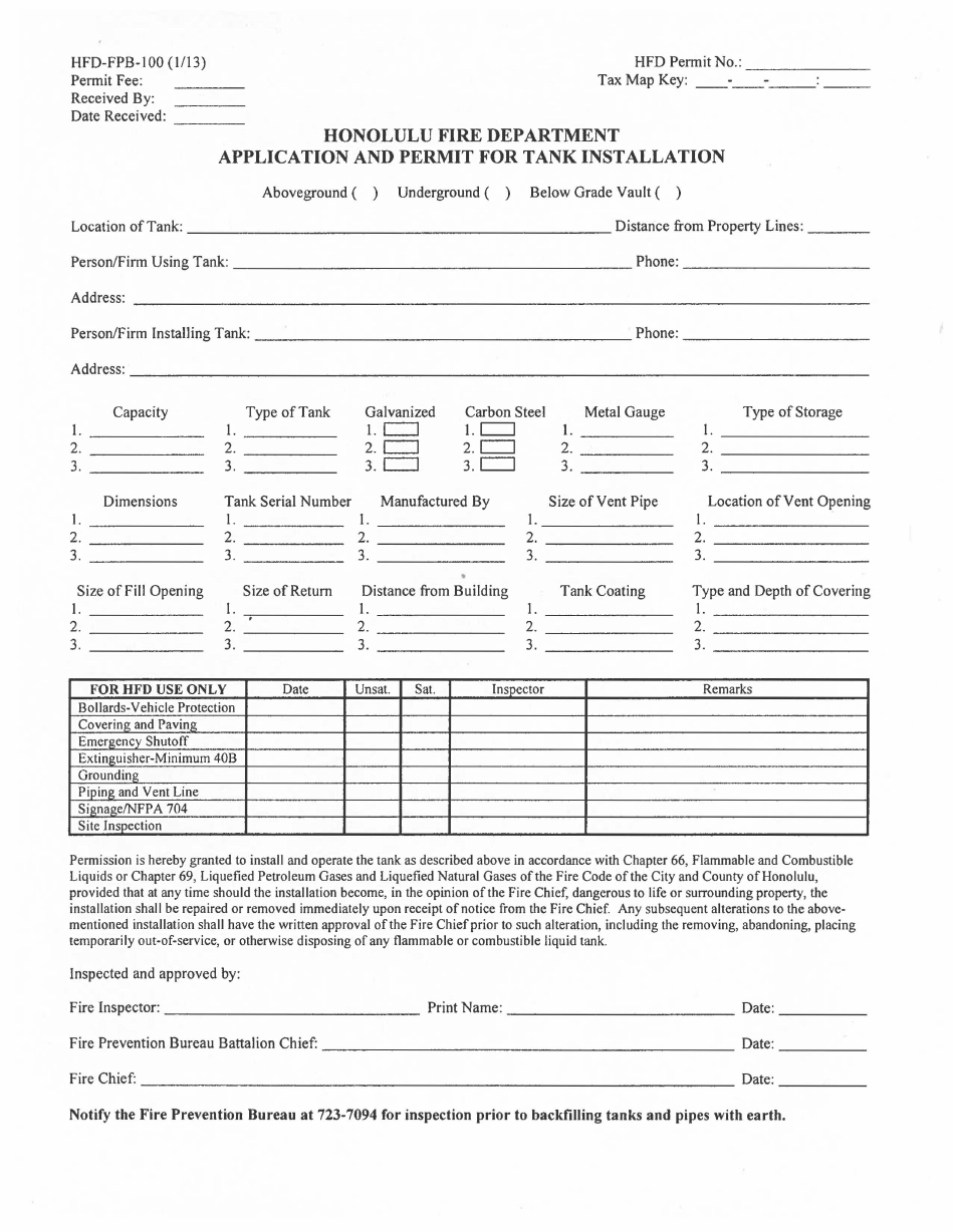 Form HFD-FPB-100 Application and Permit for Tank Installation - City and County of Honolulu, Hawaii, Page 1