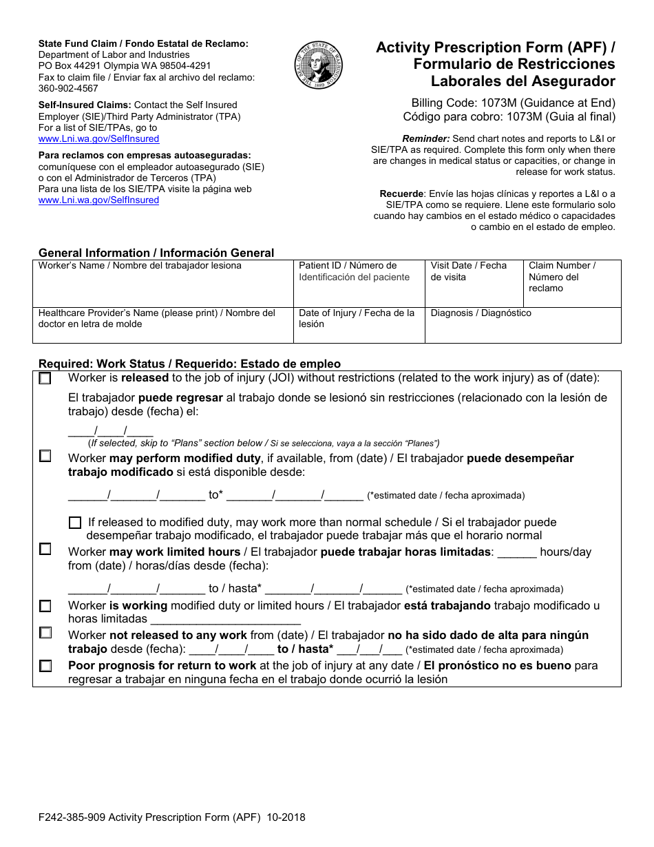 Form F242-385-909 Activity Prescription Form (Apf) - Washington (English / Spanish), Page 4