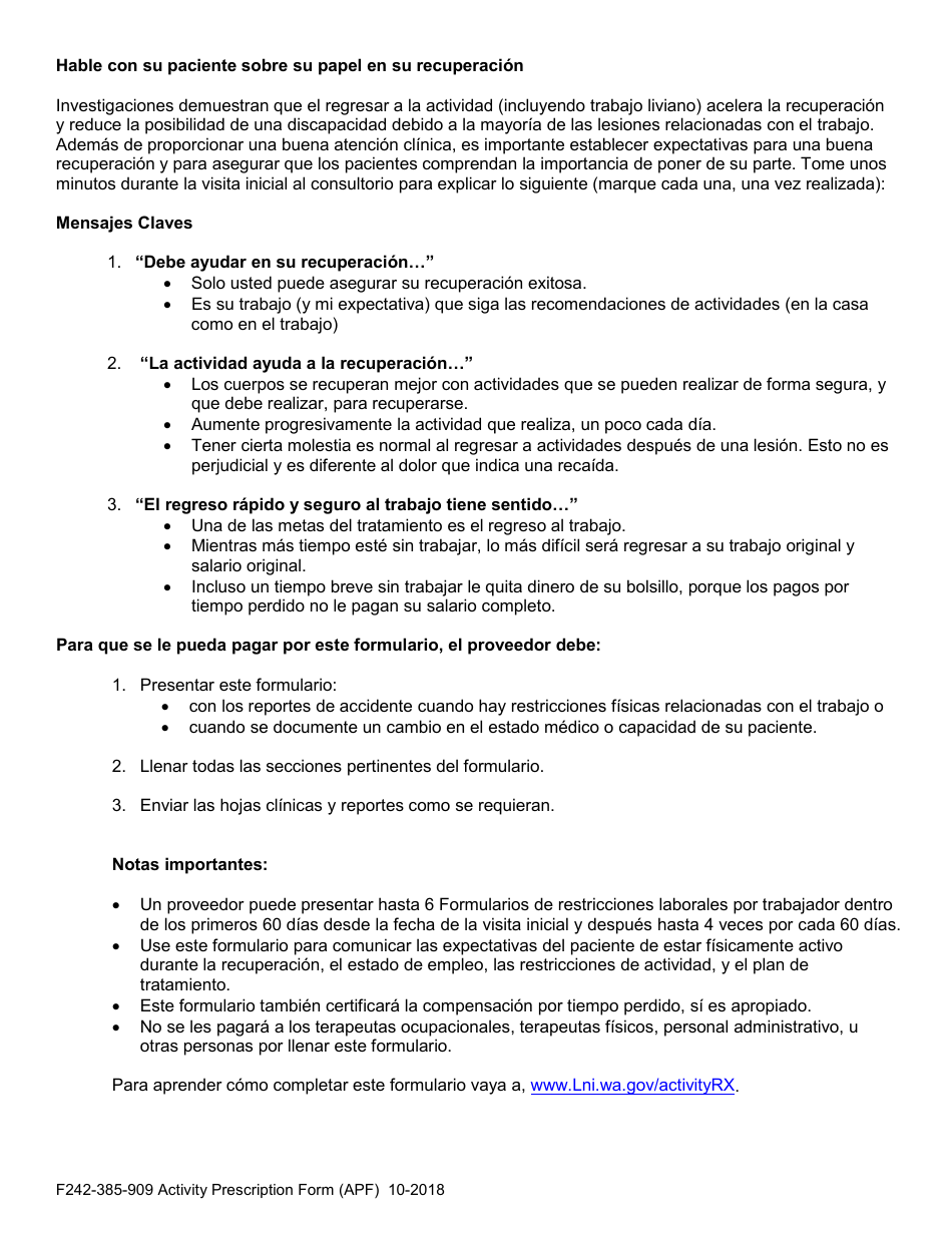 Form F242-385-909 Activity Prescription Form (Apf) - Washington (English / Spanish), Page 9