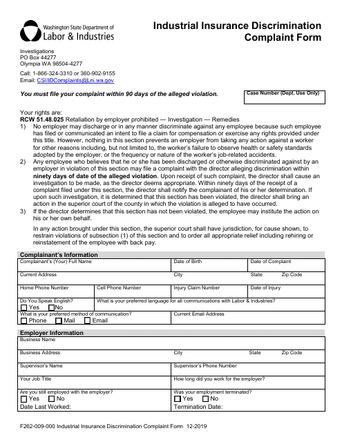 Form F262-009-000 Industrial Insurance Discrimination Complaint Form - Washington