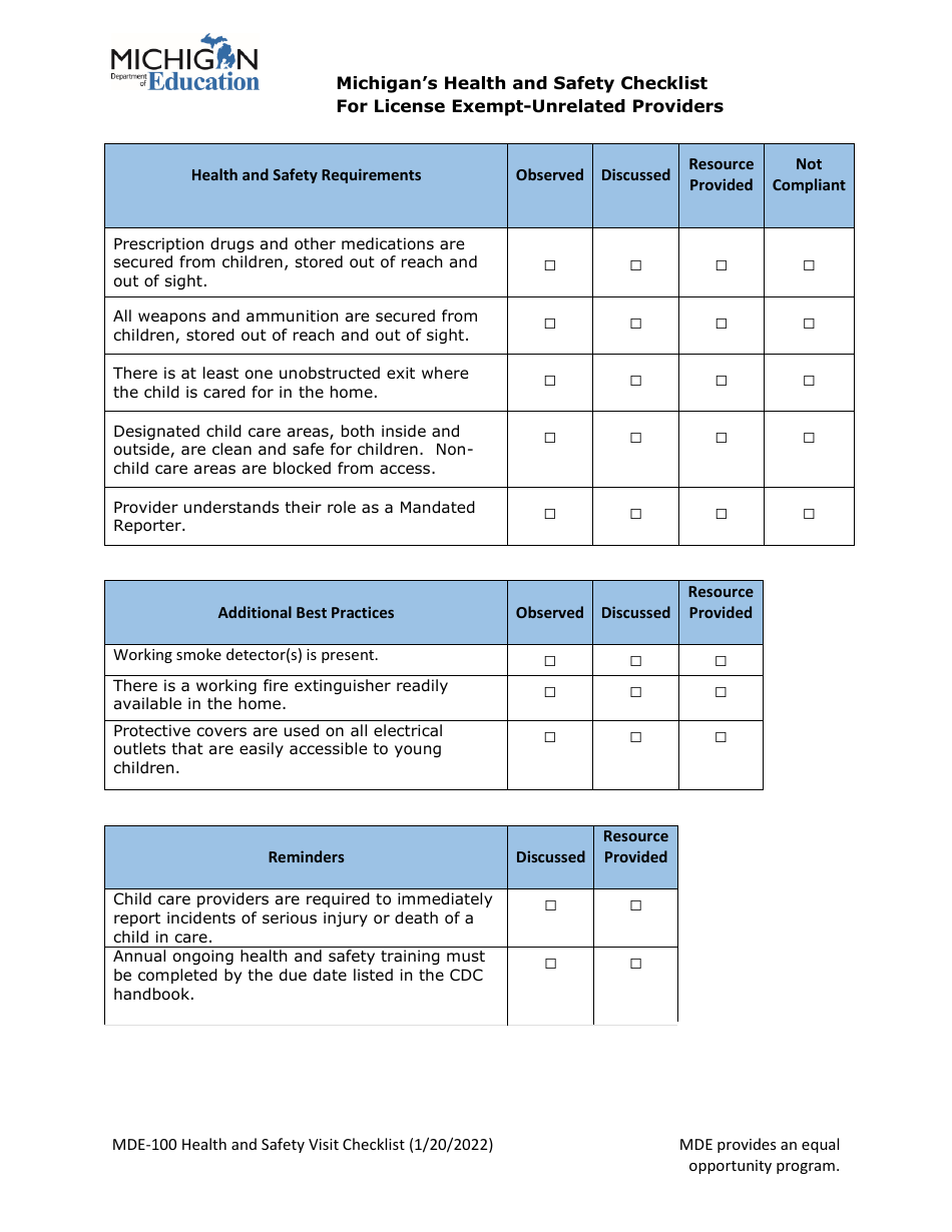 Form MDE-100 Michigans Health and Safety Checklist for License Exempt-Unrelated Providers - Michigan, Page 2