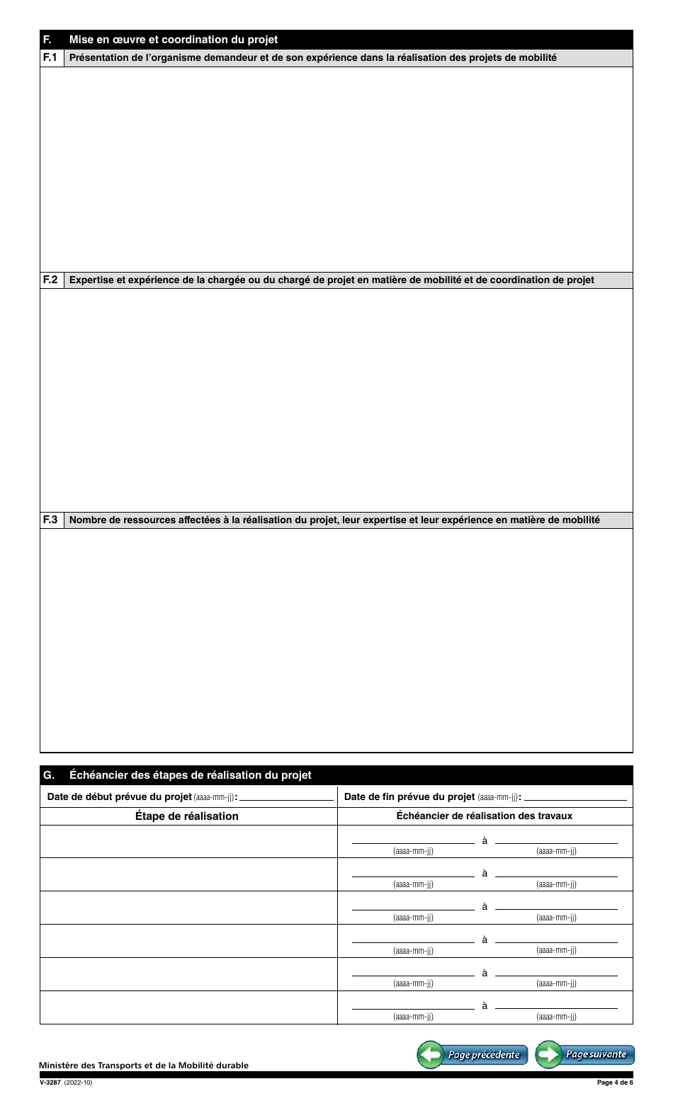 Forme V-3287 Demande Daide Financiere - Mobilite Integree Et Connectee - Projet Pilote Dimplantation Dune Plateforme Technologique - Programme Daide Aux Nouvelles Mobilites (Nomo) - Quebec, Canada (French), Page 4