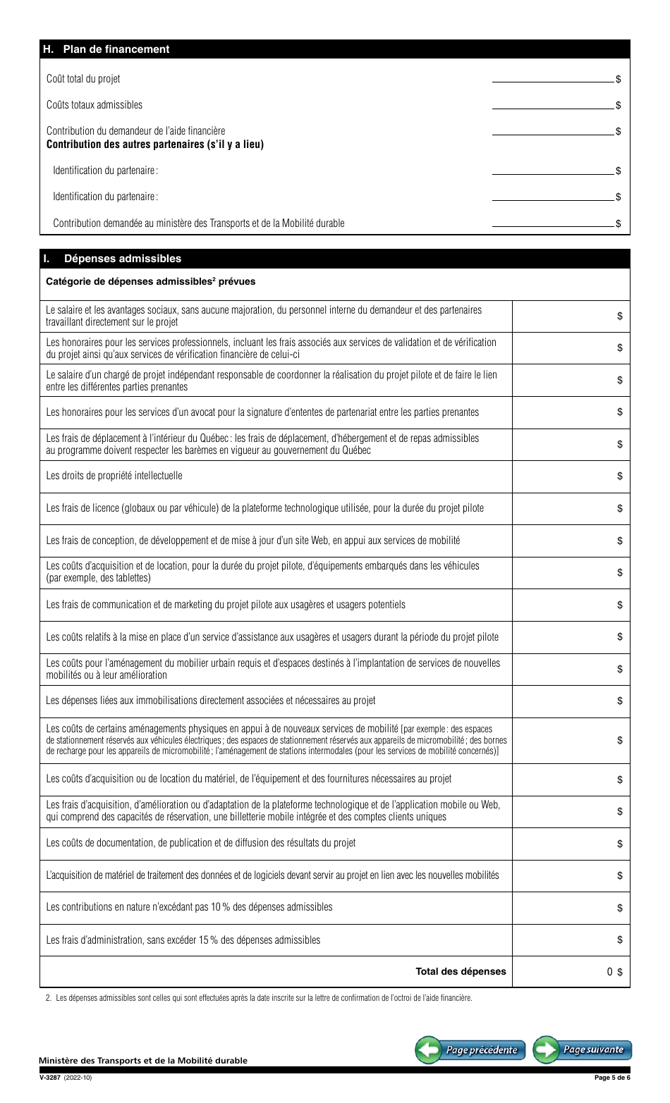 Forme V-3287 Demande Daide Financiere - Mobilite Integree Et Connectee - Projet Pilote Dimplantation Dune Plateforme Technologique - Programme Daide Aux Nouvelles Mobilites (Nomo) - Quebec, Canada (French), Page 5